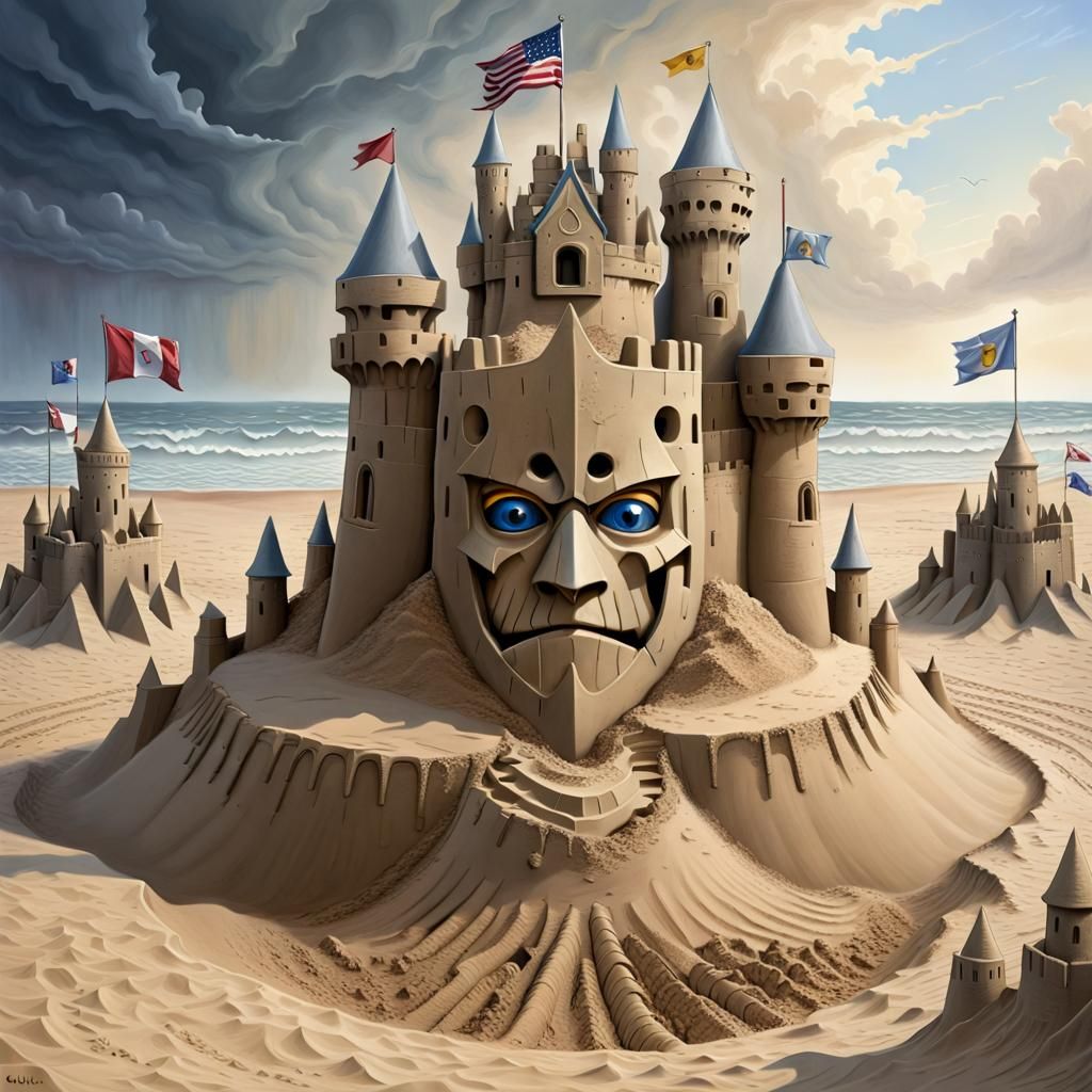 Surreal Sand Knight Emerges from Sandcastle