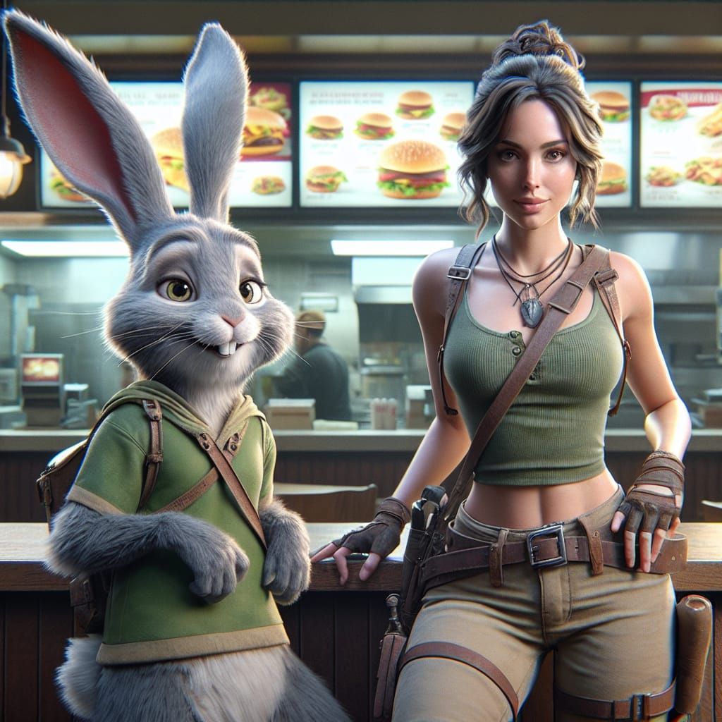 Rabbit Adventurer at Fast Food Chain, Fantasy Concept Art