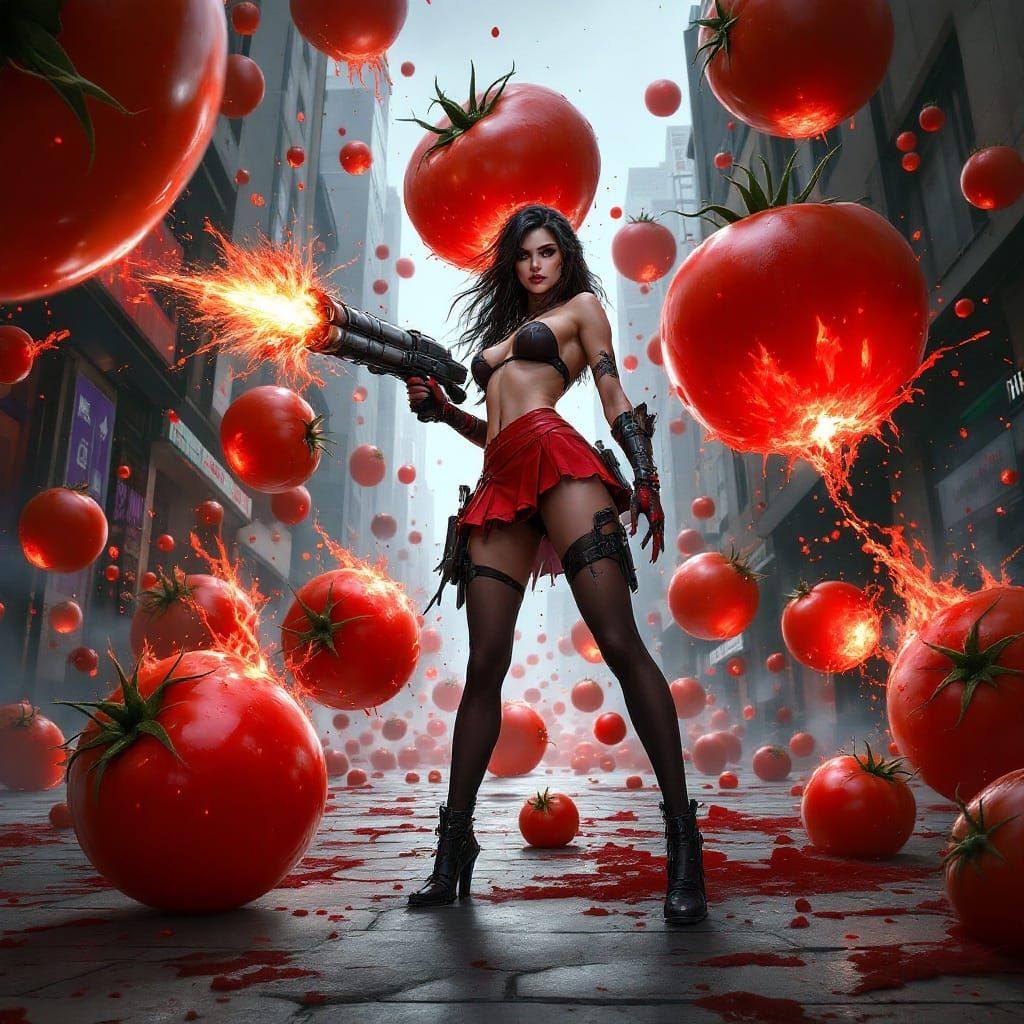 Warrior vs Killer Tomatoes in Sci-Fi Cityscape