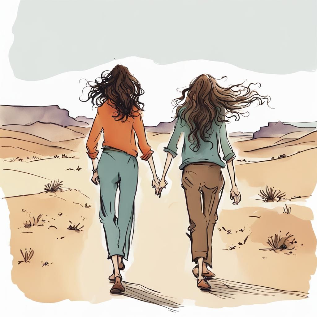 Women Walking in Desert, Quentin Blake Style