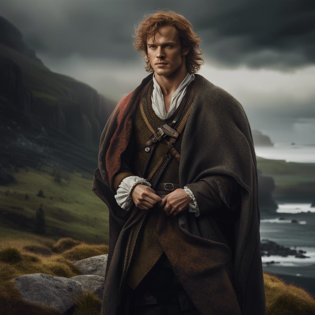 Jamie Fraser in Scottish Highlands: Hyperrealistic Portrait