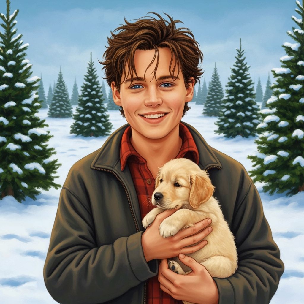 Young Johnny Depp with Puppy on Snowy Farm
