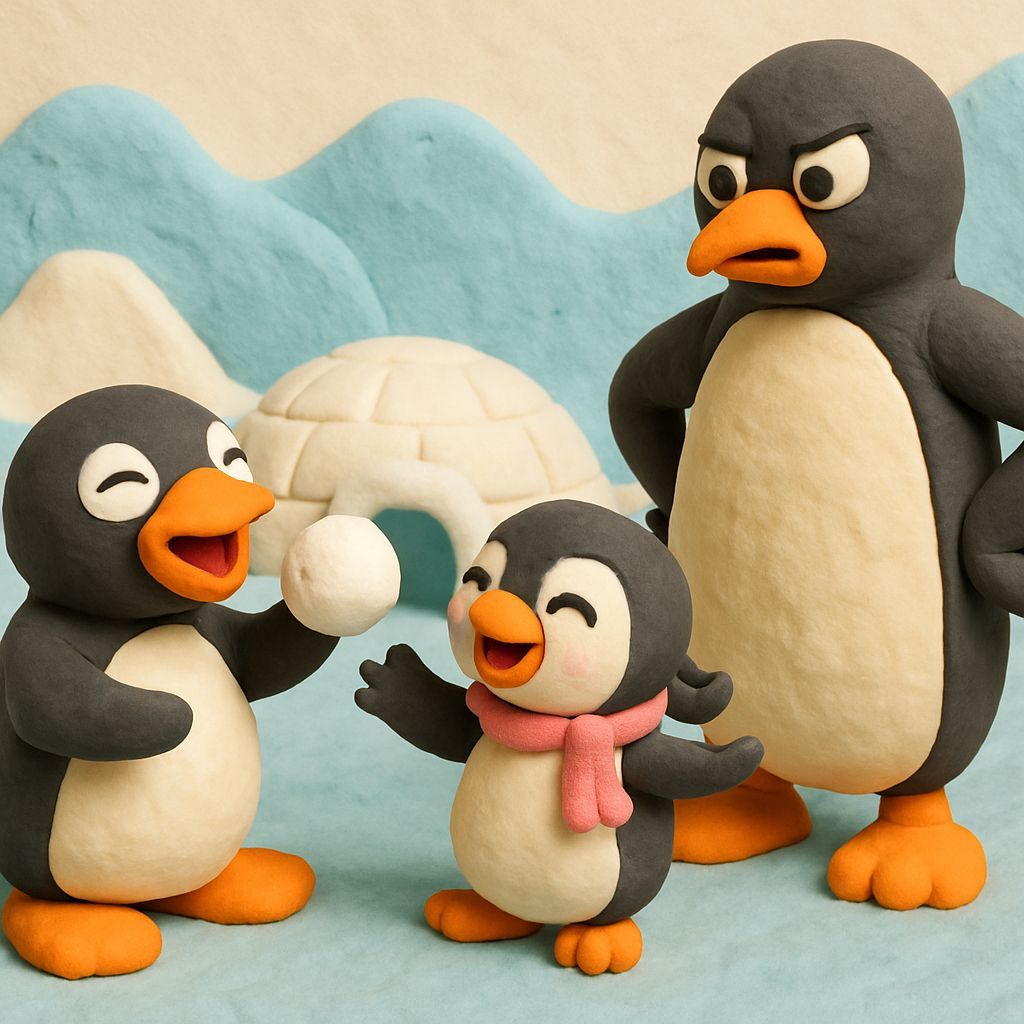 Playful Claymation Penguin Family in Pastel Colors