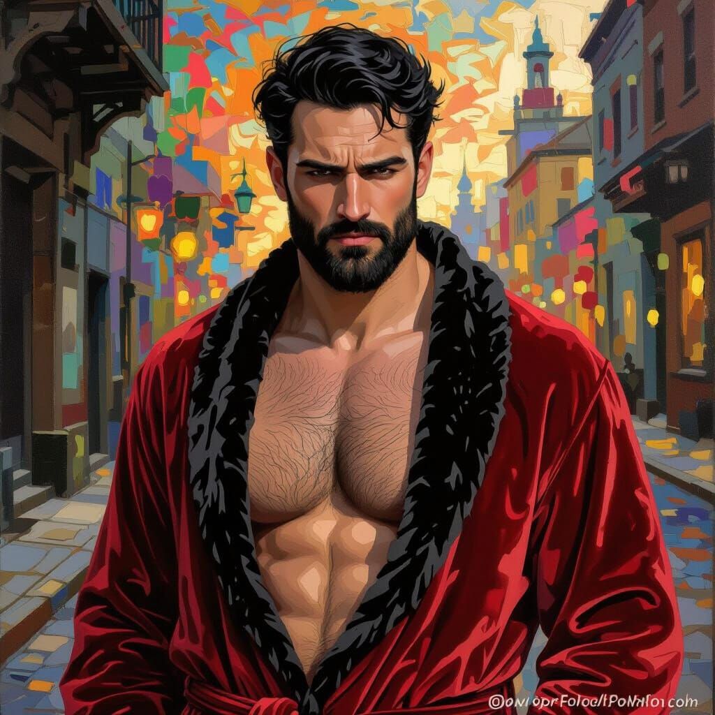 Handsome Sad Man in Velvet Robe, Neo-Impressionist Style