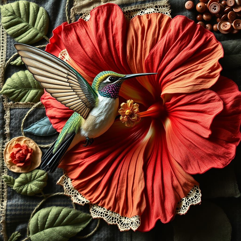 Vibrant Hibiscus Scene in Mixed Media Masterpiece