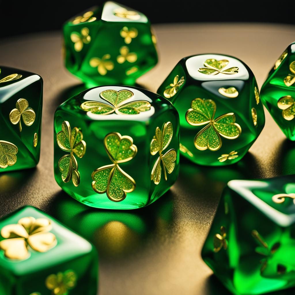Green and Gold Crystal Dice with Clovers