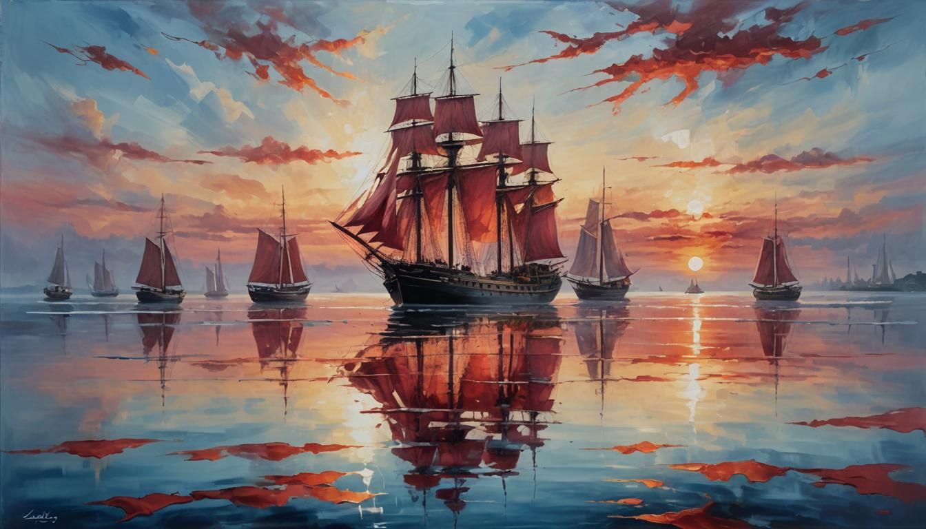 Crimson Reflections: Sailing Ships in a Red Sunset