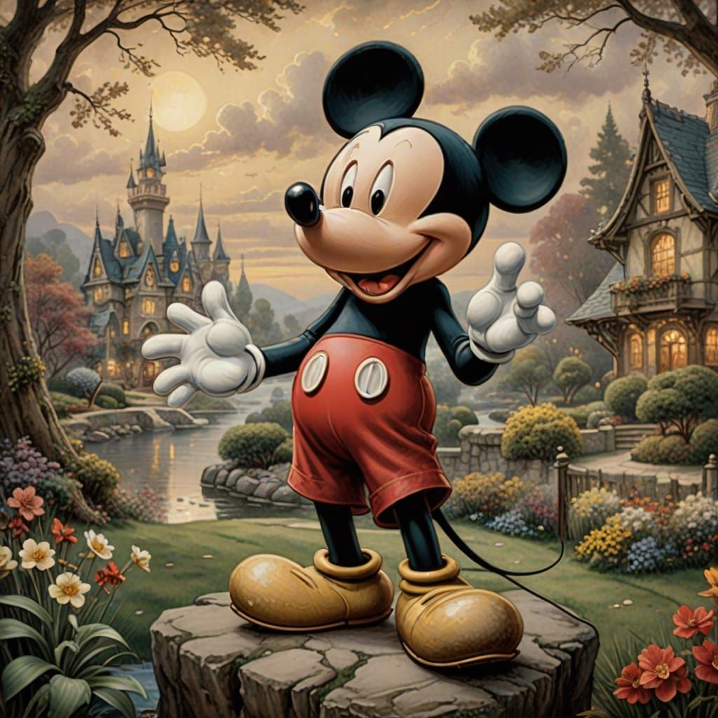 Mickey Mouse in Thomas Kinkade and Arthur Rackham Styles