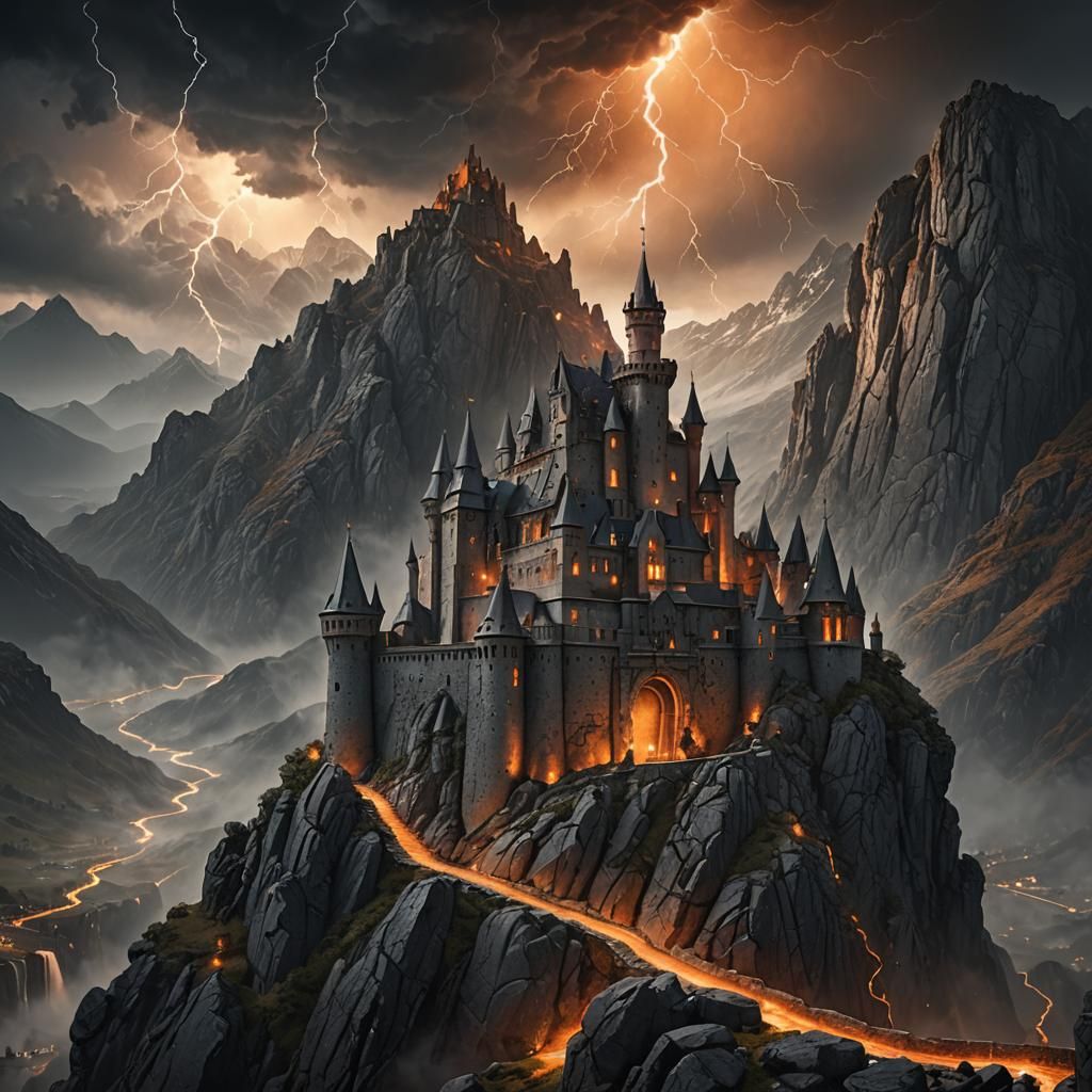 Mountain Castle in Lightning Storm: Matte Painting