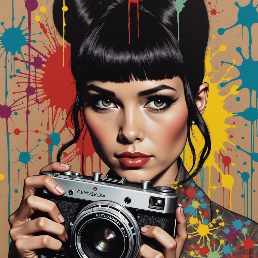 1960s Mod Girl with Retro Camera in Graffiti Style
