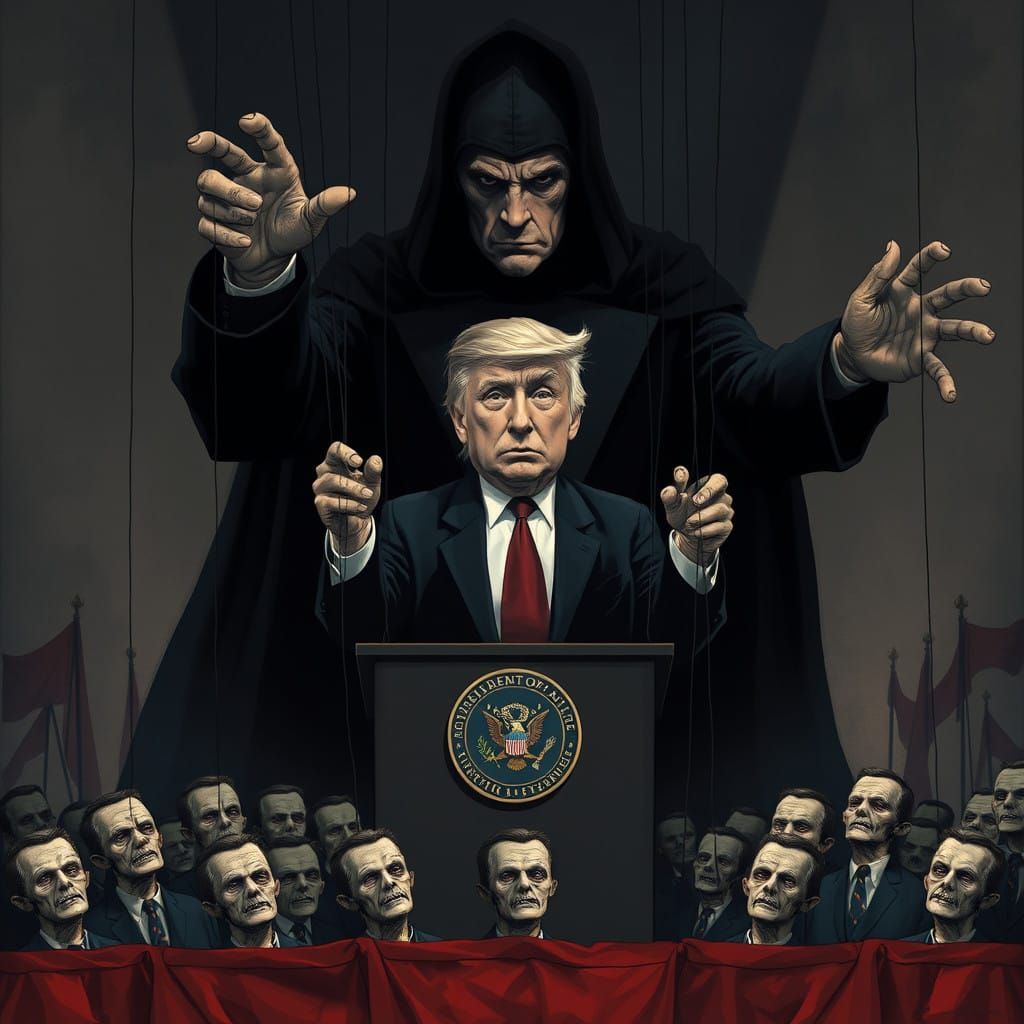 Gothic Putin Puppeteers Trump in Dark, Ominous Scene