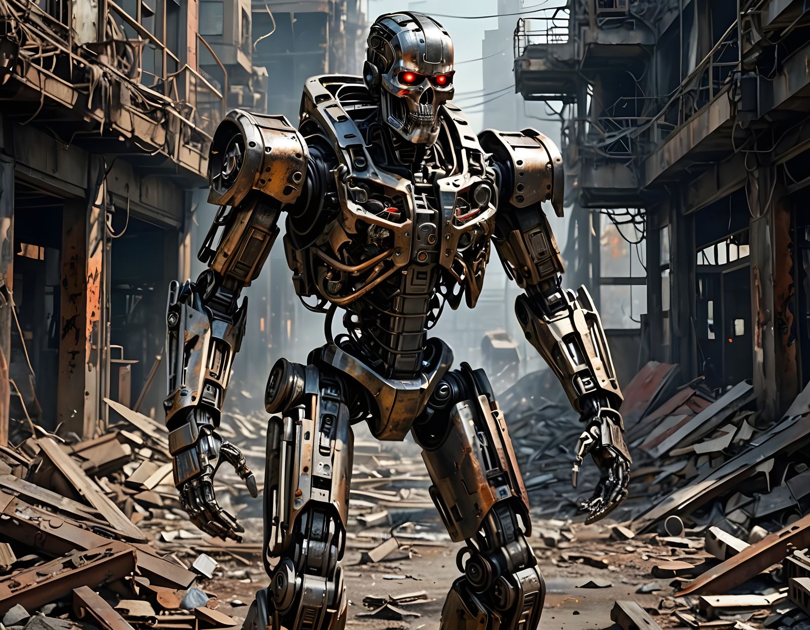 Cybernetic Terminator Exoskeleton in Post-Apocalyptic Ruins