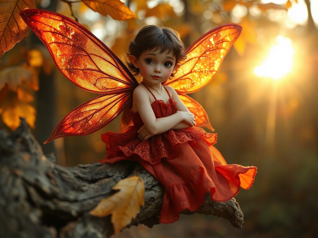 Fairy on Autumn Branch: Photorealistic Digital Artwork