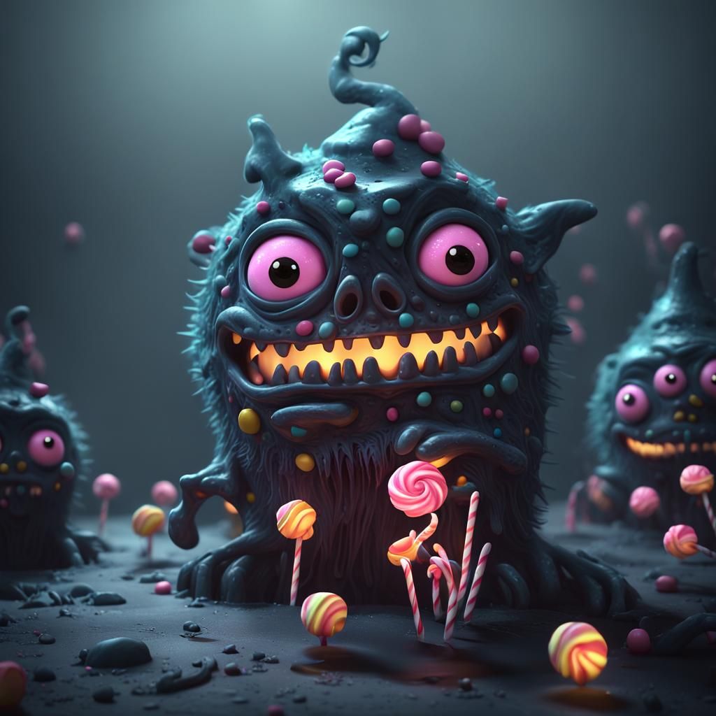 Creepy Cute Candy Monsters Flee Asylum: 3D Render