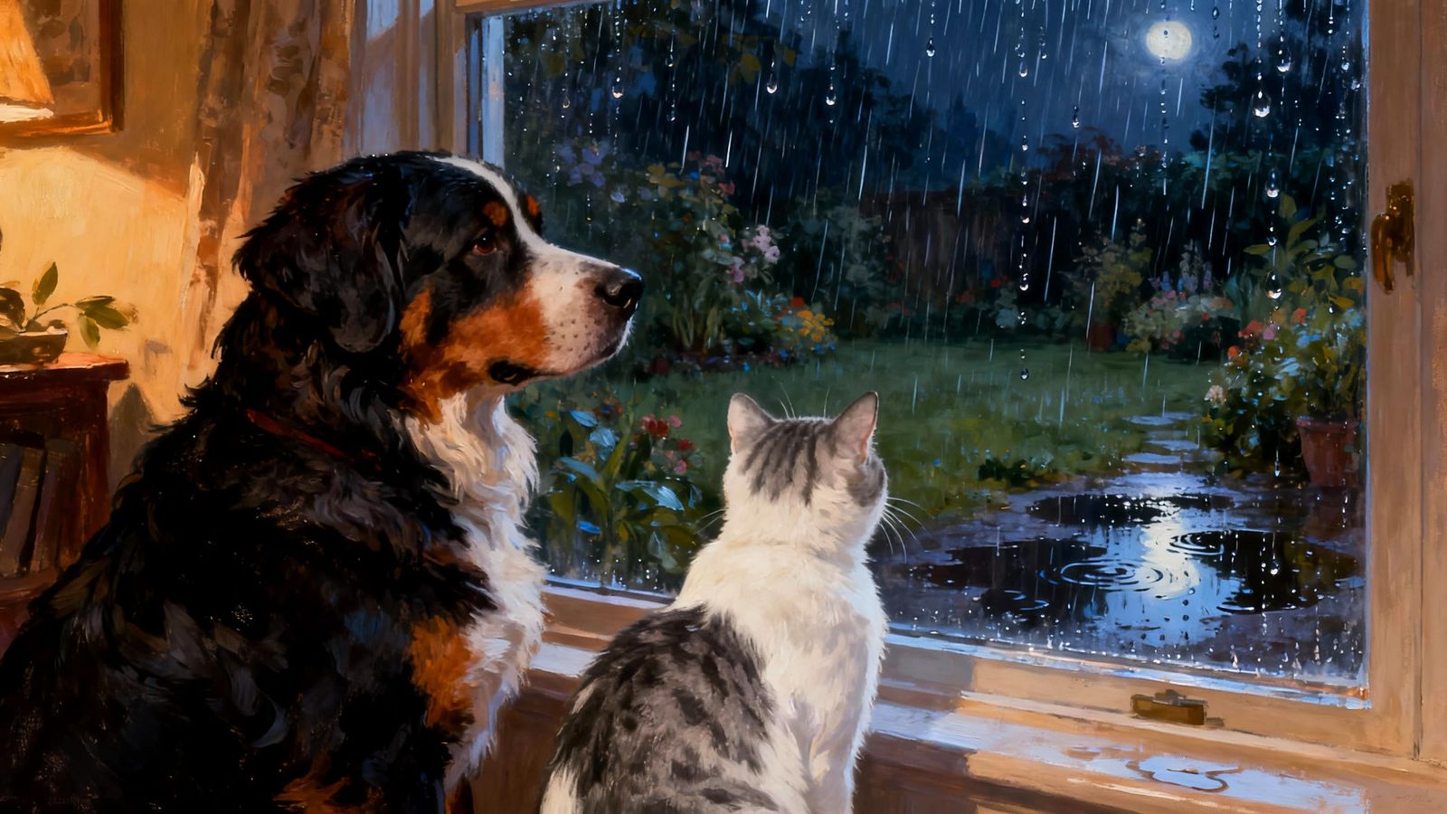 Bernese Dog and Cat Watch Rainy Night Garden
