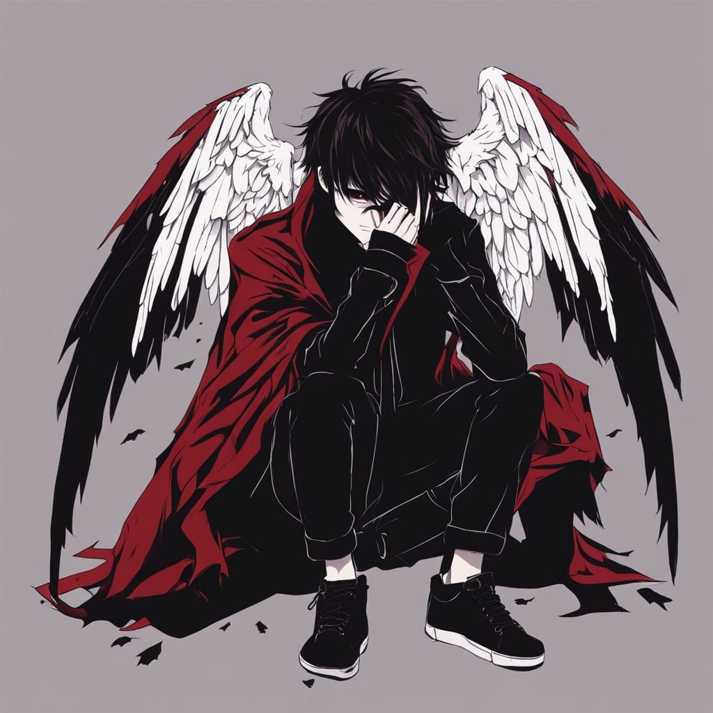 Mournful Fallen Angel Boy in Red and Black