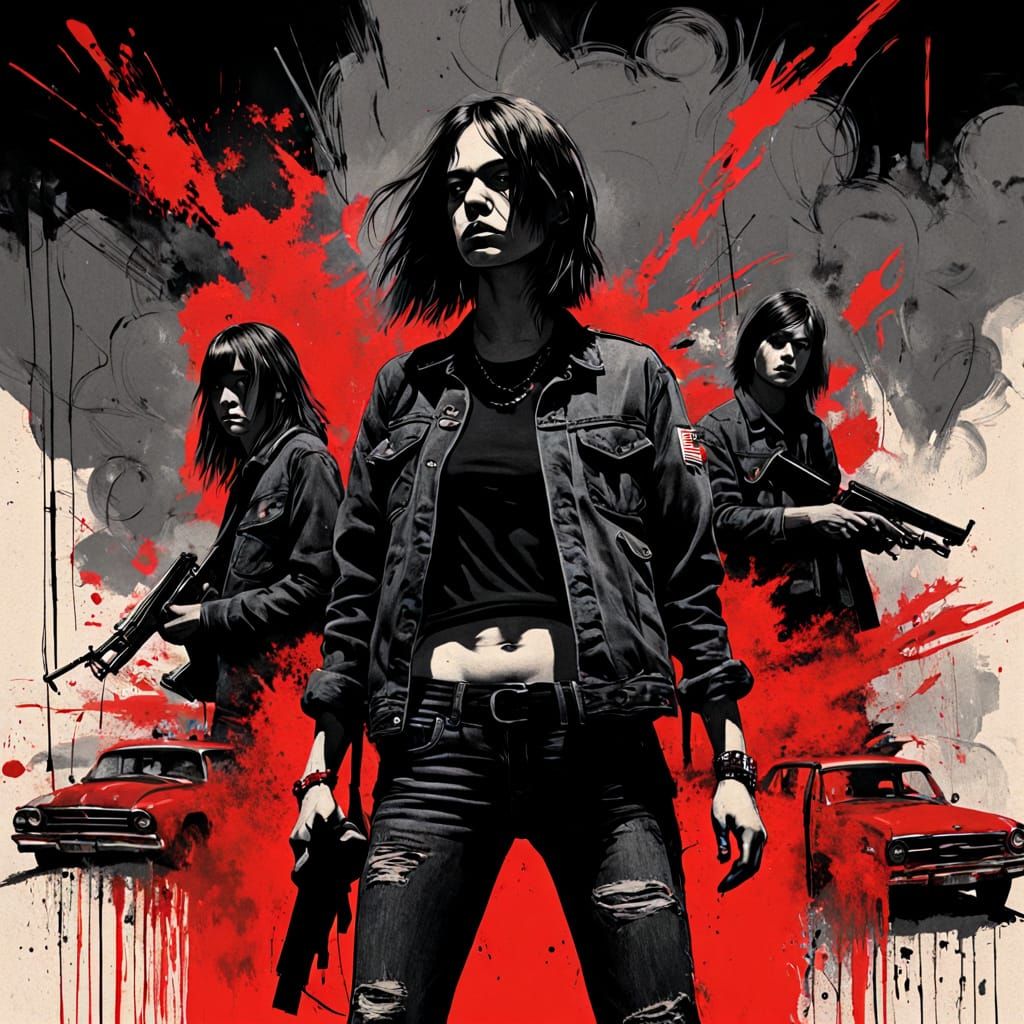 Grunge Rebellion: Young Woman Surrounded by Guns and Friends...