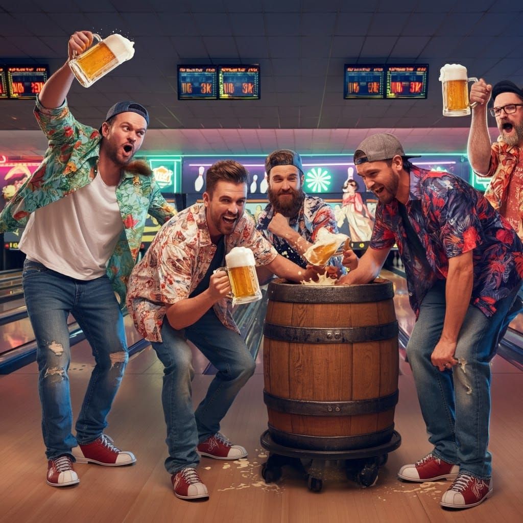 Men Celebrating at Bowling Alley in Stylized Lighting