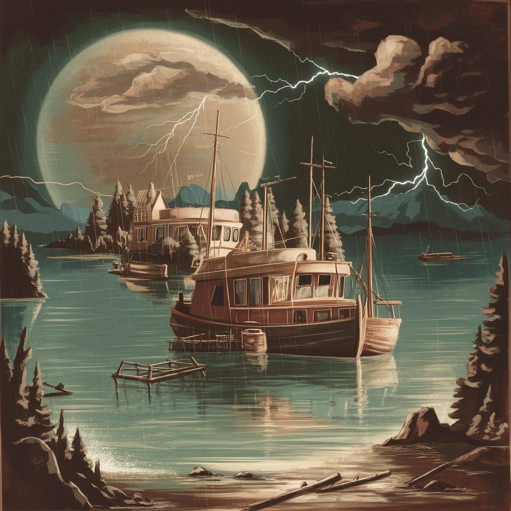 Stormy Lake with Deserted Boat Under Lightning Sky