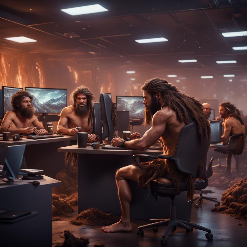 Cavemen in Call Center: Detailed Matte Painting