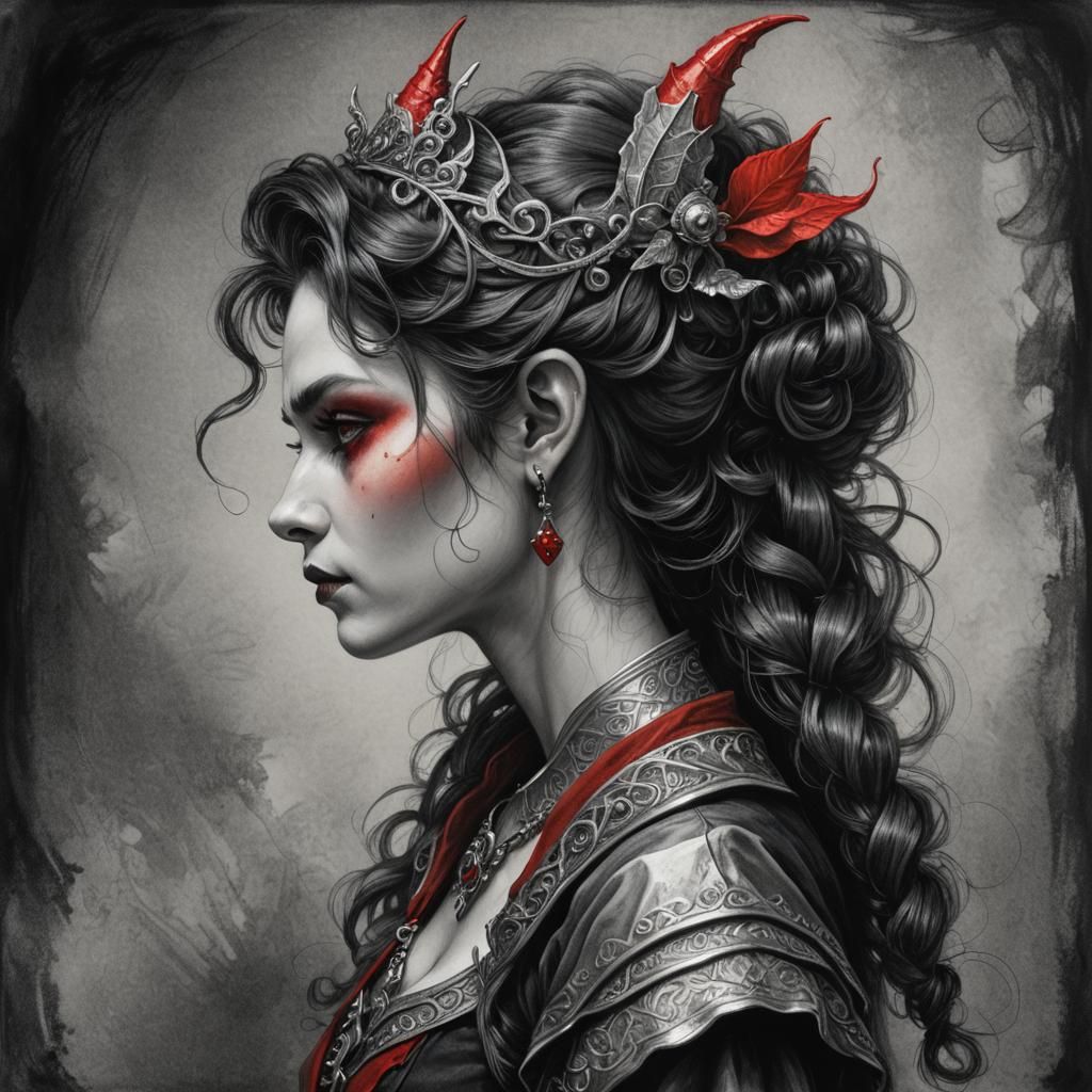 Gothic Gnome Sorceress Portrait in Charcoal