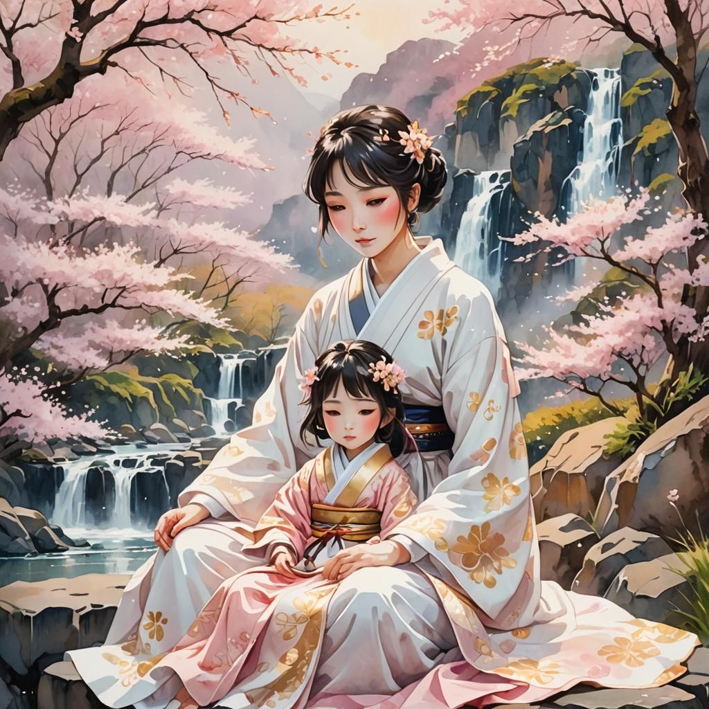 Mother and Daughter in Cherry Blossom Field, Watercolor Anim...