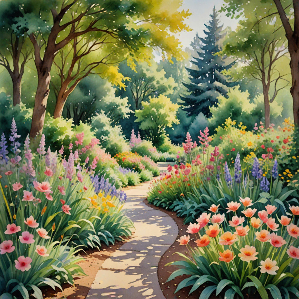 Serene Botanic Garden in Impressionist Watercolor Style