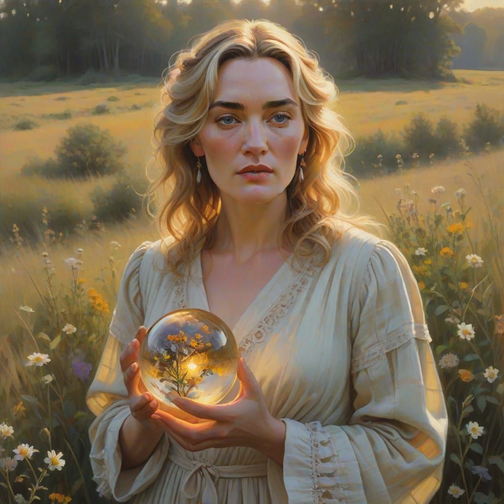 Young Woman with Orb in Whimsigoth Gouache Painting