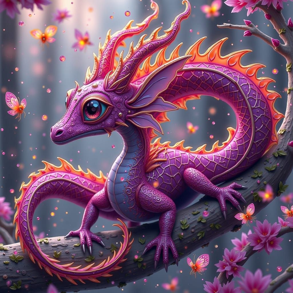 Whimsical Red Cabbage Dragon with Chameleon Scales