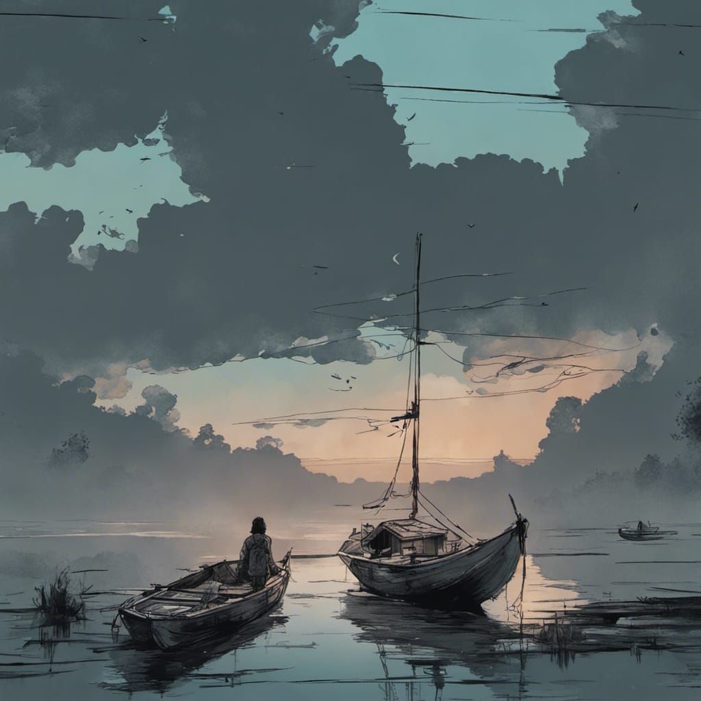 Boat on Lake: Whimsical Pencil and Ink Sketch