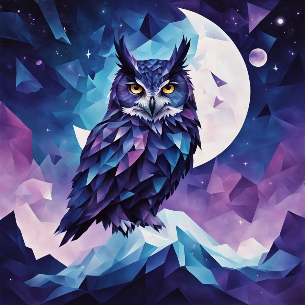 Cubist Owl in Cosmic Night Sky