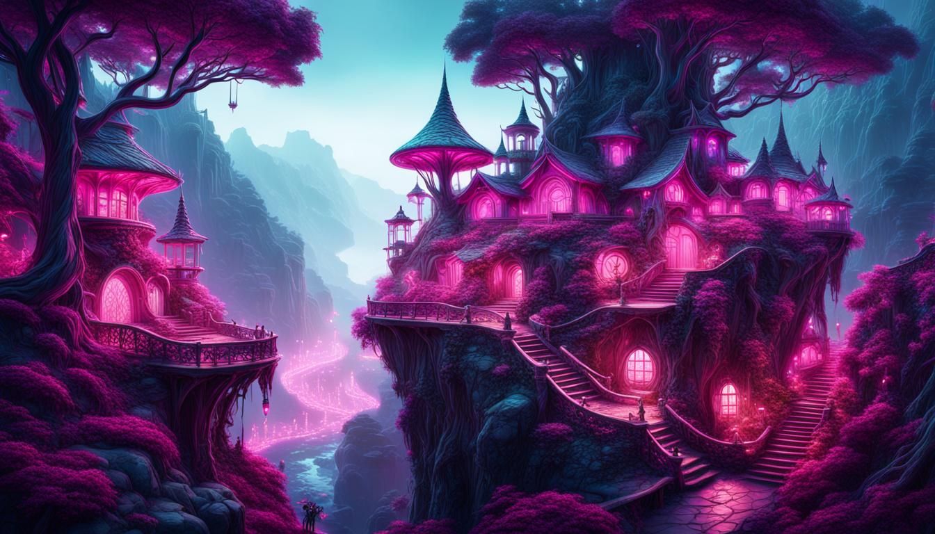 Whimsical Fairy Village in Synthwave Neon Style