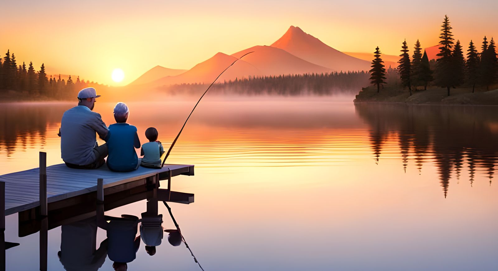 Grandparent and Grandchild Fishing: 3D Render