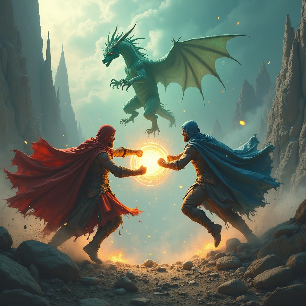 Warriors Clash as Dragon Appears in Stormy Landscape