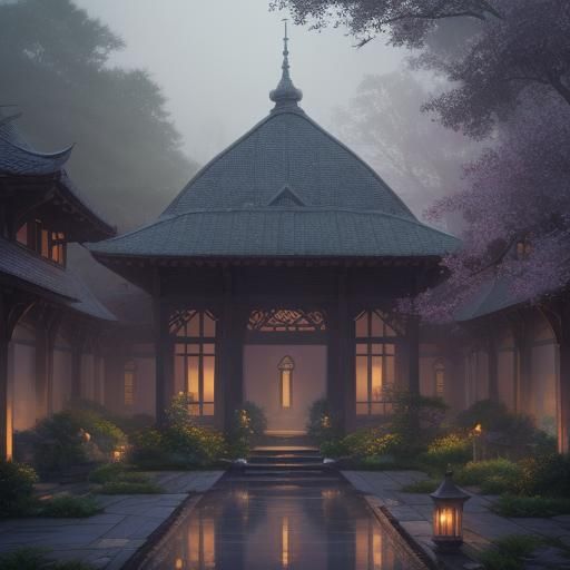 Ethereal Monastic Dwelling in Misty Landscape