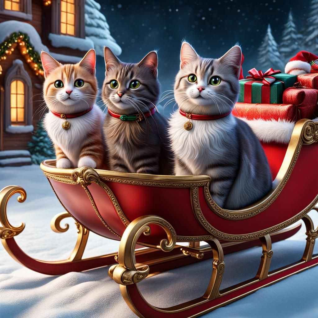 Whimsy Cats in Santa sleigh ho ho ho