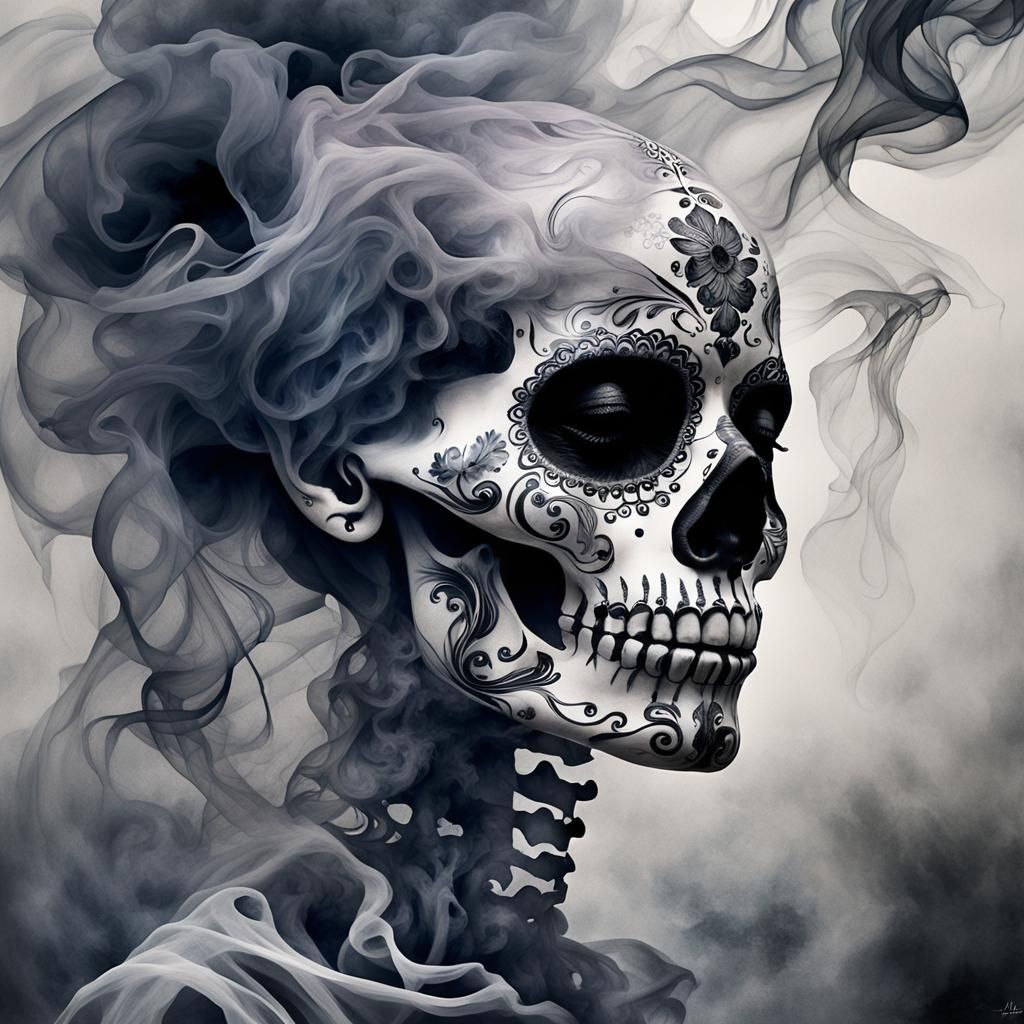 Smoke Sculpture Sugar Skull in Rococo Style