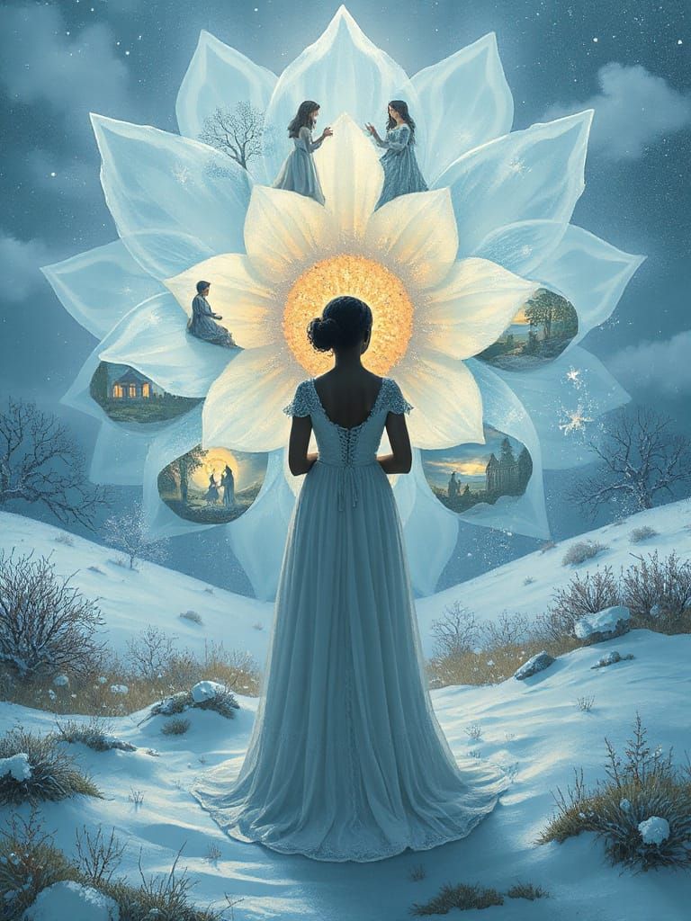 Black Woman and Fairytale Snowflower in Winter Meadow