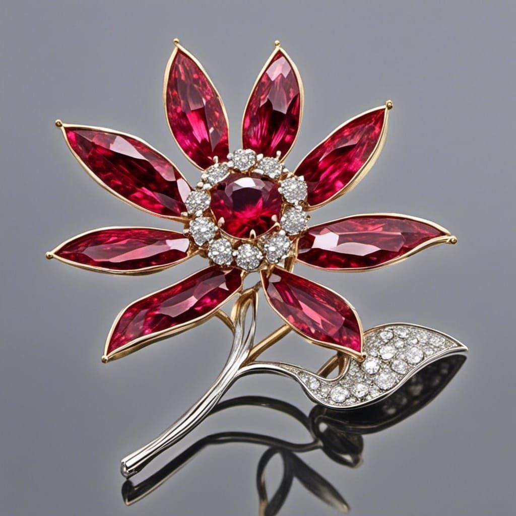Flower Brooch with Rubies and Spessartite Garnet