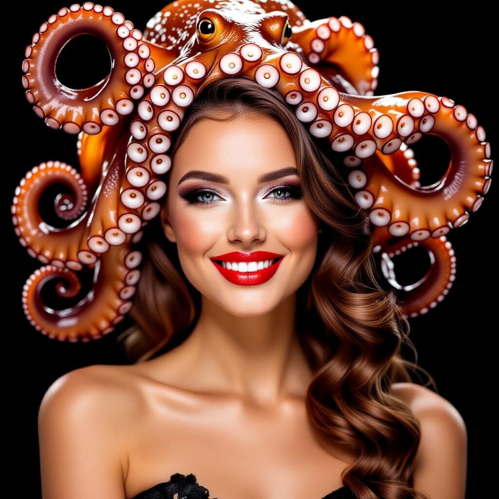 Woman with Octopus Hat Smiling in Dramatic Light