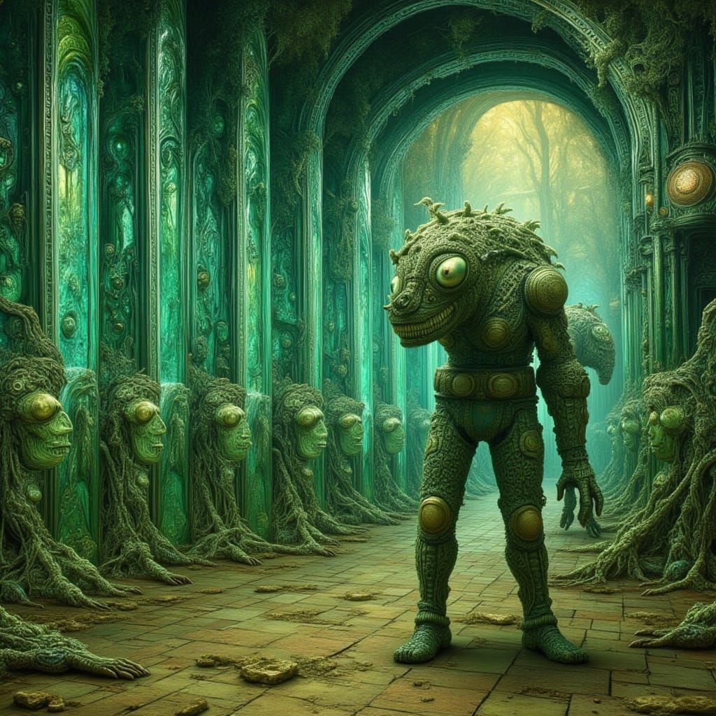 Surreal Alien Carrying Olmec Head in Green Cave