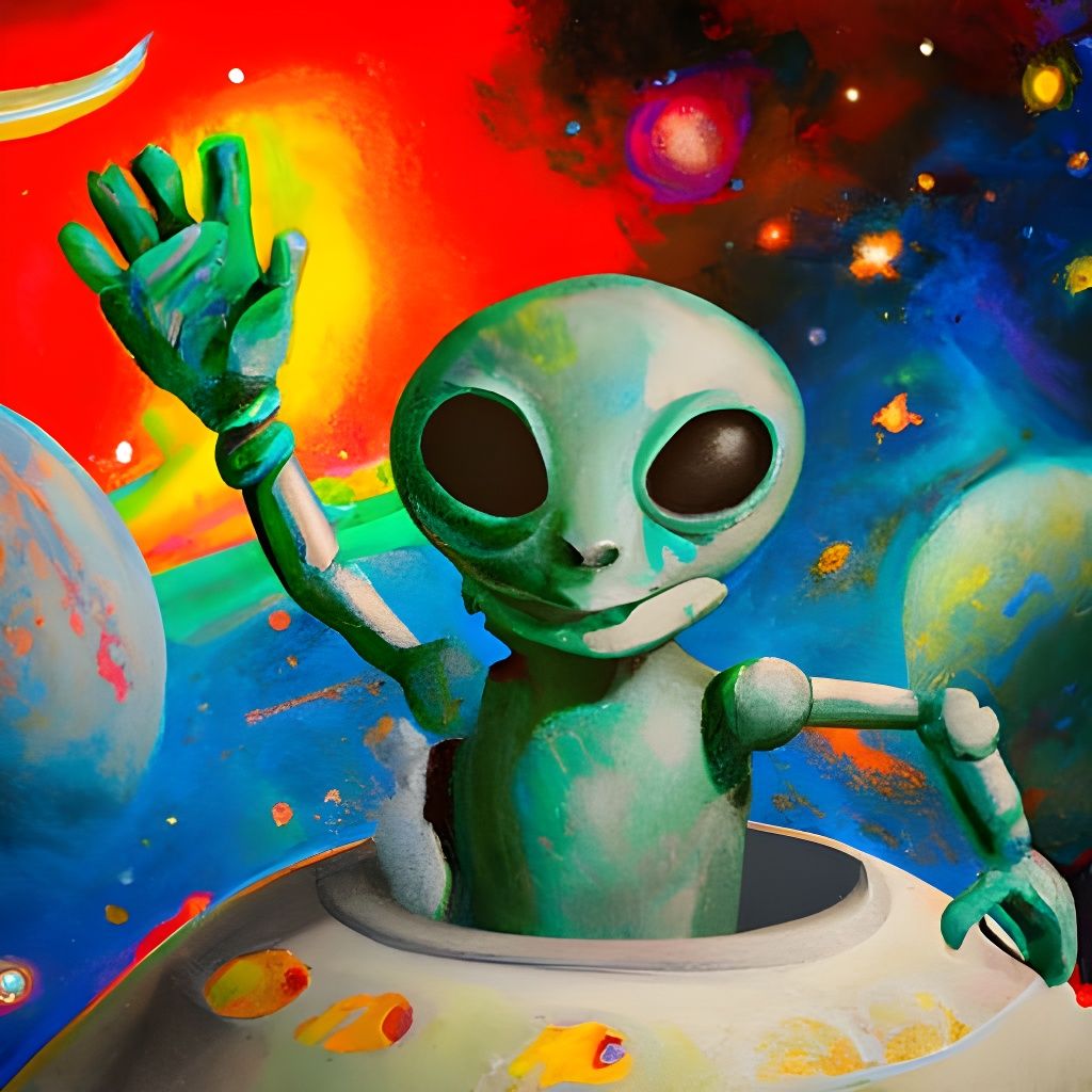 Friendly Green Alien Waving from Spaceship