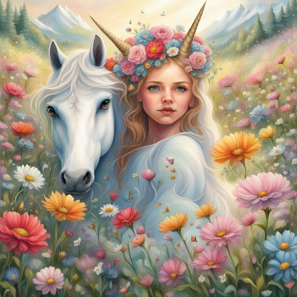 Maiden and Unicorn in Flower Meadow