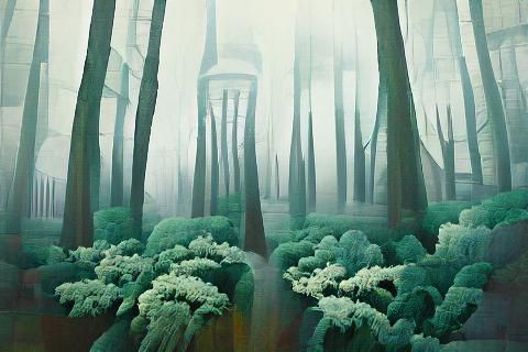 Art Deco Forest in Foggy Landscape