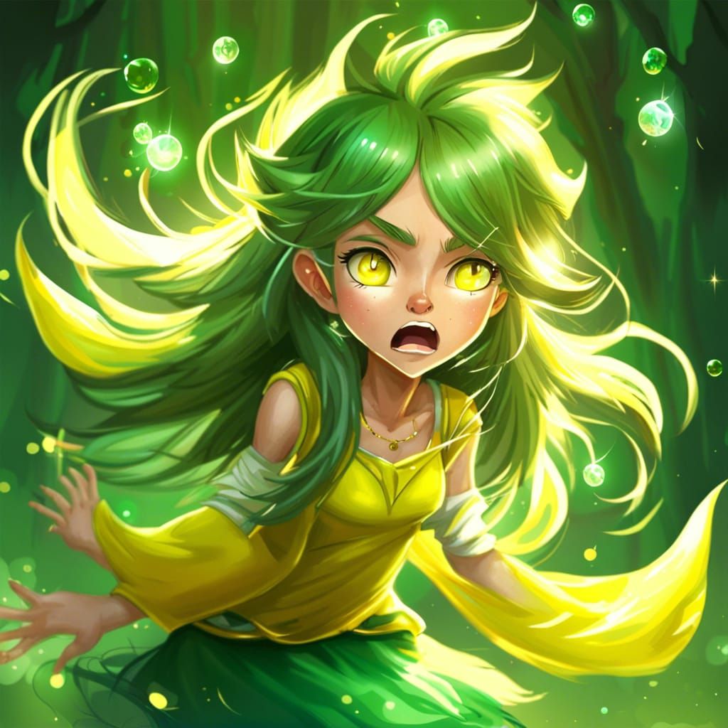 Angry Young Girl with Crystal in Forest