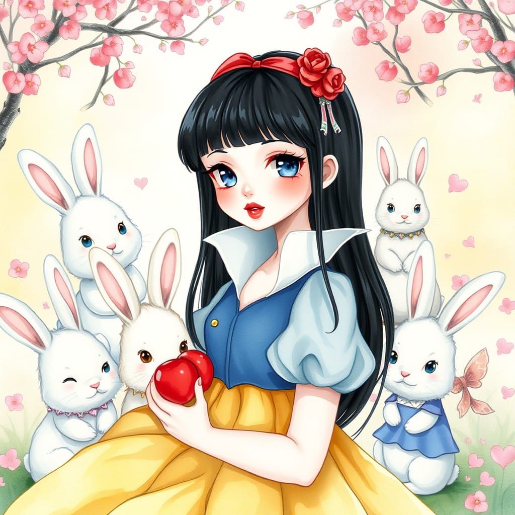 Snow White with Rabbits in Watercolor Style