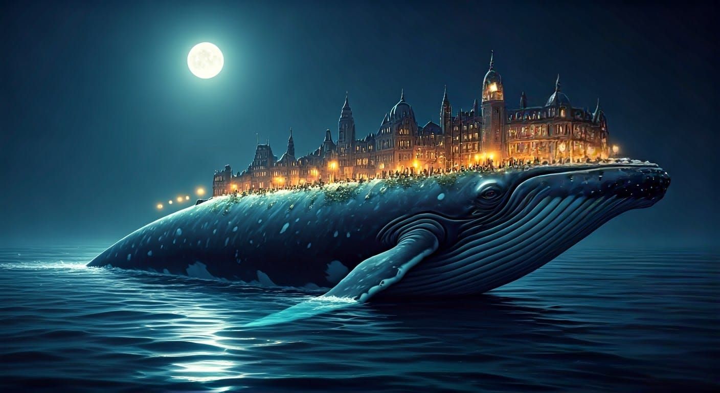 Dreamlike Whaleship Metropolis Under Moonlit Skies