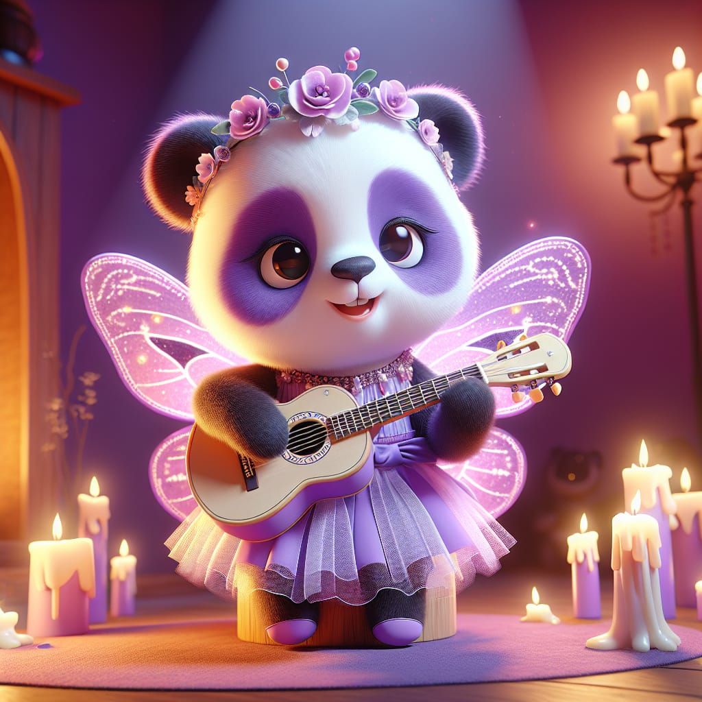 Disney Pixar style 3D adorable Panda fairy wearing a pretty purple dress and tutu, playing a purple guitar, sitting in a...