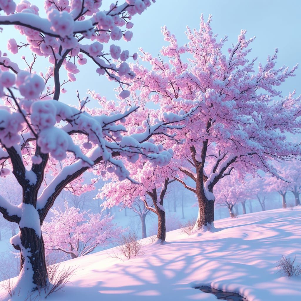 Serene Winter Cherry Blossoms in Anime-Inspired Art