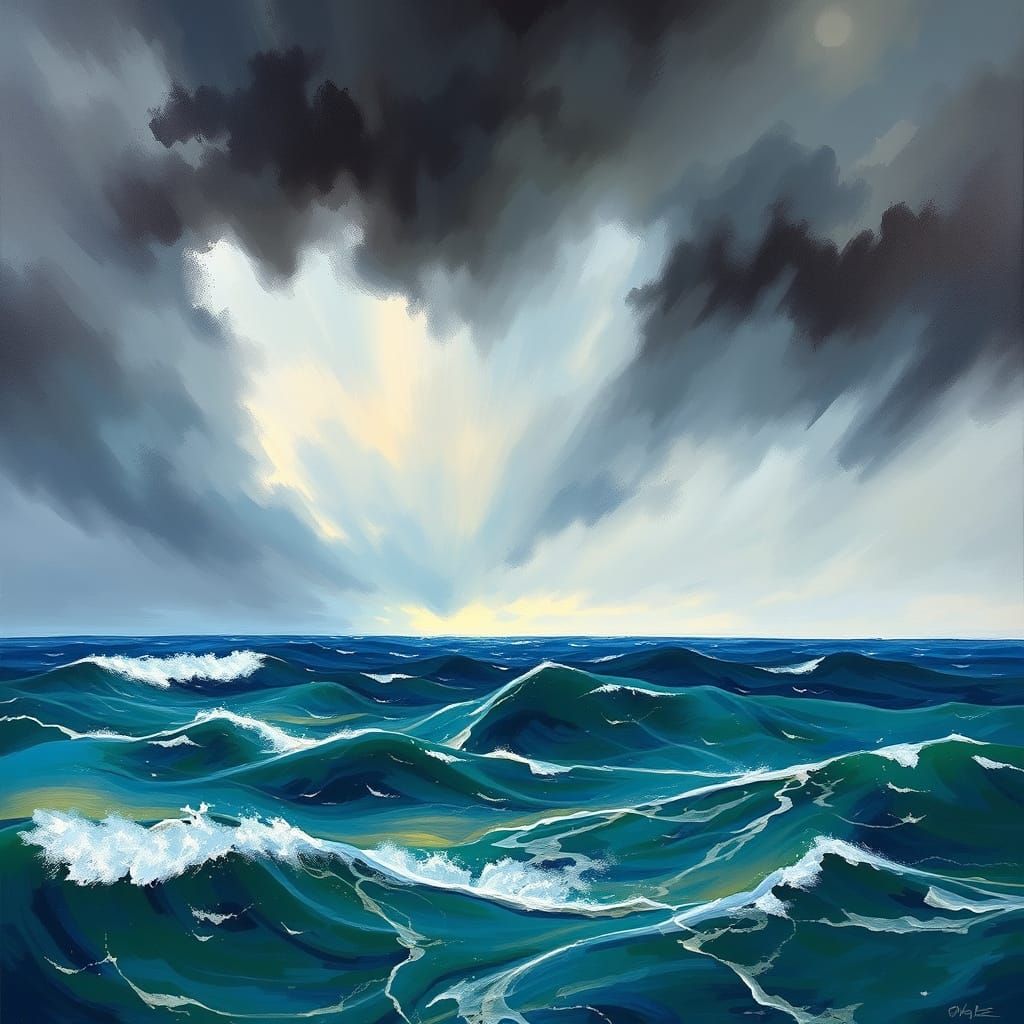 Turmoil on the Ocean's Edge in Vibrant Blue and Green